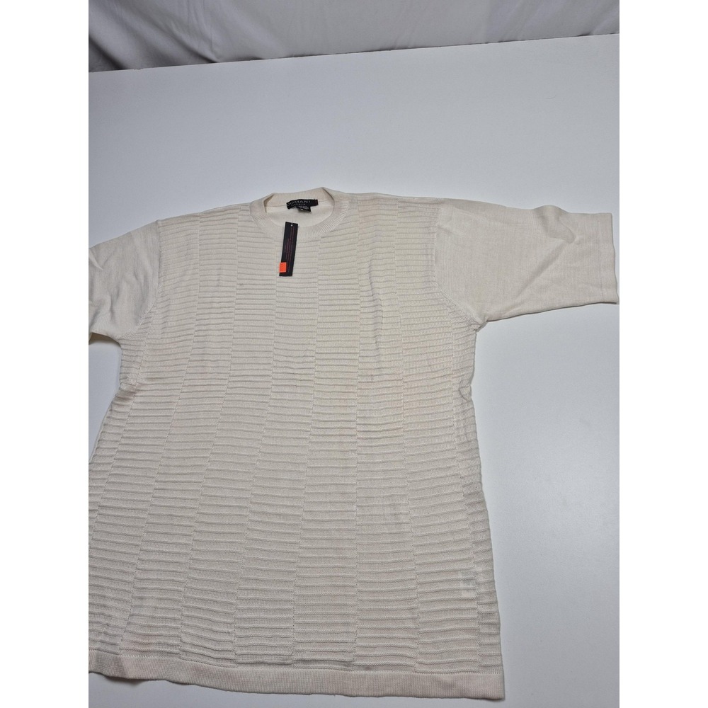 Domani Platinum Sweater Mens XL White Silk Cotton Crewneck Knit Short Sleeve